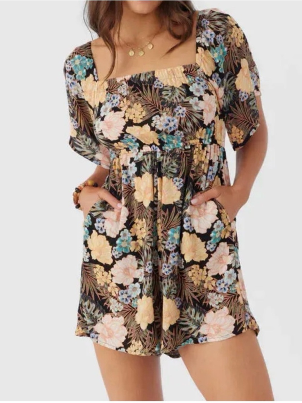 O'Neill Black Floral V-Neck Romper with Pastel Blooms